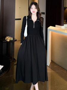 Chic Stylish Patchwork Dress Womens Autumn 2024 New Arrival Tight Waist Slim Looking Elegant Black Long Sleeves Large Swing Skirt