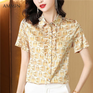 AMMIN 2023 summer new lapel fashion plaid print short sleeve Plus size S-4XL chiffon shirt Womens Korean style raglan sleeve single breasted print patchwork commuter elegant blouse