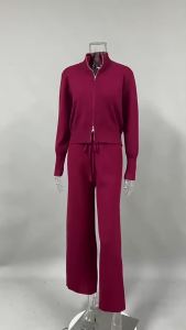 Autumn Winter Womens Solid Color Simple Basic Casual Trendy Knitted 2 Piece Sets Zipper Long Sleeve Coats Wide Leg Trousers