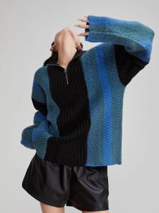 XIAODADEHUA | Blue and Black Stripe V-neck Loose Sweater
