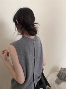 Gray Knitted Vest Womens Loose Sleeveless Top Spring Autumn Open Split Design Casual Comfortable Fit round Neck Single Button
