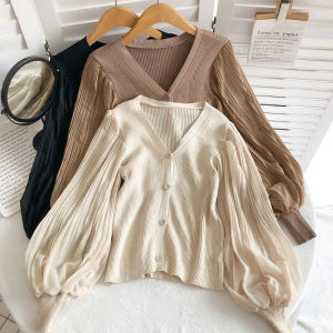 Slim Fit V-Neck Knitwear Bubble Sleeve Chiffon Patchwork Long Sleeve Single Button Autumn Winter New Style Womens Base Shirt