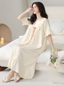 Miiow | Pure Cotton Summer Sleep Dress Womens Short Sleeve Jumpsuit Nightgown Casual Home Wear Outdoor Fashionable French Court Style