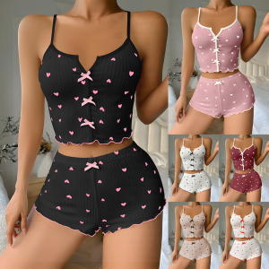 ชุดนอนผู้หญิงเซ็กซี่ลายหัวใจ ชุดนอนแขนกุดเอวสูง ทรงหลวม ฤดูร้อน 2025 ชุดนอนผู้หญิงสไตล์ยุโรป