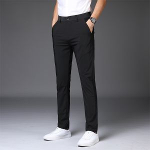 ROMON | Lormen Mens Casual Pants Ice Silk Slim Straight Thin Summer Spring Fashionable Breathable Long Trousers Youth Mid Waist