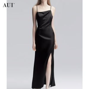 AUI Black Satin Acid Long Dress Womens 2025 Spring New Slim Fit Inner Wear Strapless Gown Elegant Commute Style Midi Dress