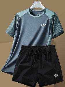 Ice Silk Quick Dry Sports Set Men Summer round Neck T Shirt Shorts Loose Casual Set Hanfu Ethnic Clothing Quick Dry Leisure Outfit