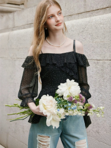 XIANGYING | French Off-shoulder Polka Dot Thin Blouse