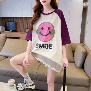 Áo Thun Cotton Màu Tương Phản Tay Ngắn Dáng Rộng Cổ Tròn Dài Vừa Phải Mùa Hè Thiết Kế Áo Sơ Mi Nữ