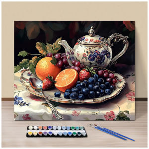 Kayou | DIY Pictures By Number Tea Pot and Fruits Kits Painting By Numbers Drawing on Canvas Hand Painted Picture Art Gift Home Decor