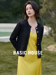 Basic House | Retro Style Breathable Hollow Black Knit Cardigan