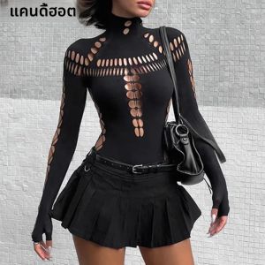 Candyhot เซ็กซี่ Hollow OUT คอชุดบอดี้สูท Bodycon Y2K แขนยาวแฟชั่น T เสื้อผู้หญิง Gothic Punk Streetwear Bodysuits