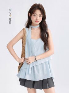 Blue Sweet Summer Style Square Collar Strap Vest Fake Two-Piece Casual Top Age-Defying Trendy Commute Loose Fit Pure Color