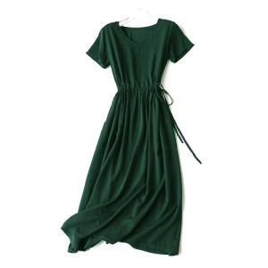Summer Pure Color Gauze Silk Dress Full Skirt Waist Cinching Loose Slimming V-Neck Long Artificial Cotton Commute Style