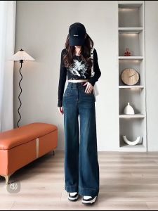 Retro wide-leg jeans womens spring bell-bottom pants new high waist design loose straight trousers