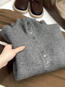 Gray Knitted Base Layer Top Button-Up High Collar Trendy Womens Fashion Spring 2025 New Arrival Comfortable Loose Fit Sweater