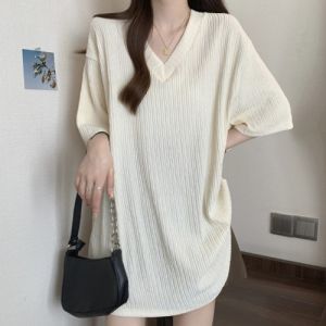 Black V-neck Shoulder Short-Sleeved T-shirt for Women Summer New Arrival Plus Size Plus Size Ladies Mid Length Long Length Loose Slim Looking Hip-Covering Tops