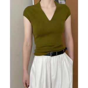 YUEZHONGWEI | Green V-neck Ice Silk Knitted Short Sleeve T-shirt Women Summer New Unique Beautiful Waist-cinched Slim-fit Short Length Top