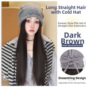 QIAOYIDUO | All in One Wig Cap Facial Shaping Natural Straight Black Wig Winter Hat