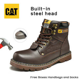 【Free Gift】Caterpillar shoes for men original new bright leather safety boots CAT steel toe outdoor work boots work boots safety shoes