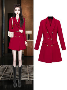 Elegant Red Suit Dress Womens Winter Workwear High Waist Button up Long Sleeve Formal Dress for Party And City Commuting
