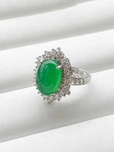 Natural Ice Jade Agate Ring Womens Style Green Agate Gemstone Embedded Ring Fashionable Internet Famous Quartz Jewelry