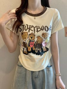 Áo Thun Nữ Tay Ngắn Dáng Ôm in Chữ Hoạt Hình Mùa Hè Không Đều Che Bụng Thời Trang Công Sở Phong Cách Hàn Quốc Cổ Tròn