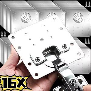 16Pcs Cabinet Hinge Repair Plate Kit with Hole and Screw Stainless Steel Wooden Cabinet Door Hardware Hinge Mounting Plate