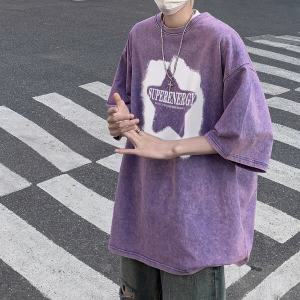Purple Pentagram T-Shirt Summer Washed Distressed Short Sleeve Oversize Trendy Heavy Weight 230G Half Sleeve Men