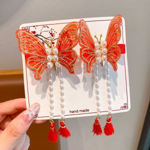 Moving Butterfly Hair Clip Childrens Festive New Year Red Tassel Hair Clip Super Fairy Ancient Style Childrens Accessories