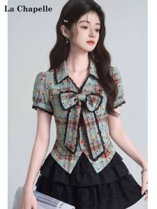 La Chapelle | Summer Puff Sleeves Bow Lace Plaid Fitted V-Neck Shirts