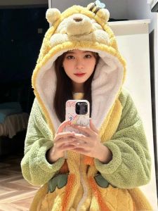 Thickened Coral Fleece Sleepwear Womens Winter Robe Warm Mid-Length Bathrobe with Flower Embroidery Cartoon Home Clothes