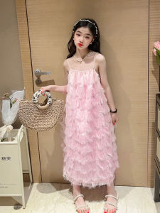 Korean Style Summer Dress for Girls Feathers Tassel Overskirt Strapless Princess Gown Travel Vacation Long Skirt without Sleeve