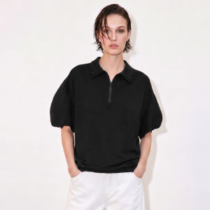 AMII | Leisure Collar Beaded Zip T Shirt with Drop Shoulder