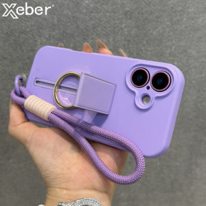 Folding Stand Wrist Strap Lanyard Silicone Phone Case For iPhone 15 16 Plus 14 13 12 11 Pro Max Solid Color Matte Frosted Cover