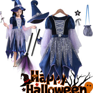 God Mother Fairy Dress with Witch Hat Wand Bag Girls Halloween Costume Witch Cosplay All Saints Day 4Pcs Wizard Vestidos Suit