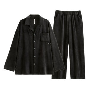 yuenei | Bộ đồ ngủ bằng vải nhung coral dày dặn mùa đông cho nam Bộ đồ mặc nhà thoải mái ấm áp Bộ đồ ngủ dài tay cổ bẻ nhỏ