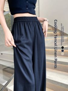 Yuzhaolin | Navy Linen Wide Leg Trousers for Summer