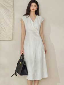 Roey s house | Cool Texture Embroidered Beige Womens Summer Elegant Office V-Neck Wrinkled Waist Gathering Midi Dress