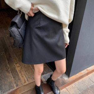 กระโปรงสั้นหนัง PU สีดำ ทรงเอ เอวสูง สำหรับผู้หญิง สไตล์เกาหลี ปิดซิป ทรงเข้ารูป ทรงเอ กระโปรงสั้นทรงเอ
