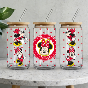 Disney | 1pc 16oz Disney Minnie Mouse Borosilicate Glass Tumbler with Lid & Straw Cute Summer Cup for Iced Coffee Juice Perfect Gift