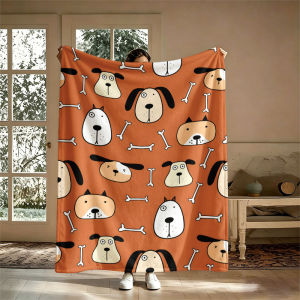 BILIBILI | Cartoon Dogs Bones Orange Flannel Blanket Perfect for Sofa Office Bed Travel Sleep Read Relax Camping Four Season Use