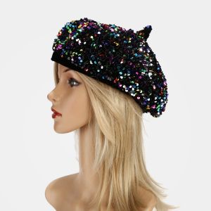 Ladies Girls Sequin Beret Women Elegant Octagonal Cap Personality Painter Pumpkin Hat for Festival Party Club Halloween