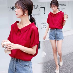 เสื้อเชิ้ตผ้าชีฟองแขนสั้นผู้หญิงฤดูร้อนปี 2023 สไตล์เกาหลี ทรงหลวม คอตุ๊กตา เสื้อเชิ้ตแฟชั่น ทรงเข้ารูป