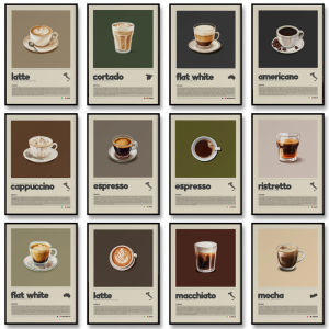 Minimalist Coffee Art โปสเตอร์แบนสีขาวMacchiatoLatteกาแฟอเมริกันภาพวาดผ้าใบคาเฟ่ภาพประกอบตกแต่งห้องรับประทานอาหาร