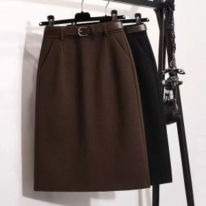 Caramel Woolen Mini Skirt Womens A-Line Midi Skirt Slimming Flared Hem High Waist Autumn Winter plus Size Fashion Commute Style