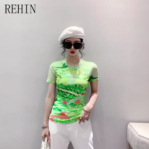 REHIN Womens T-shirt Summer fashion mesh unique printed short-sleeved shirt round-neck slim-fit S-3XL trendy top with floral green pattern