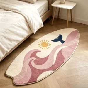VIKAMA Surfboard Shaped Area Rug Purple Ocean Wave Whale Tail Sun Print Non‑Slip Soft Floor Mat for Bedroom Home Decor