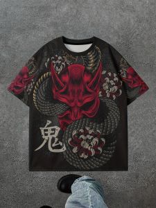 Mens red and black dragon printed off-the-shoulder short-sleeved T-shirt casual round-neck tattoo design summer T-shirt