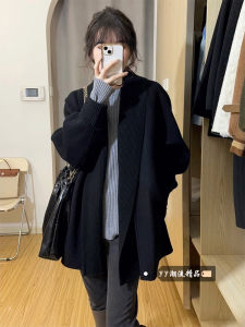 Retro French Black Knitted Sweater Coat Cardigan Womens Winter New Loose Lazy Style Mid-Length Knitting Top